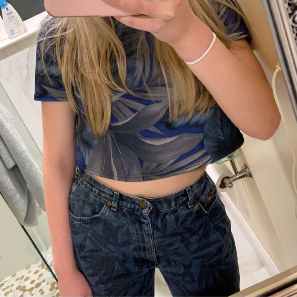 FASHION UNION BLUE AND GREY TROPICAL CROP TOP
